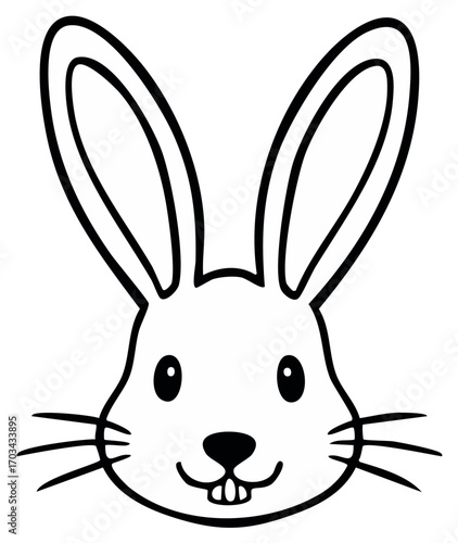 Simple Black Outline of a Cheerful Cartoon Rabbit Head with Big Ears and Prominent Front Teeth
