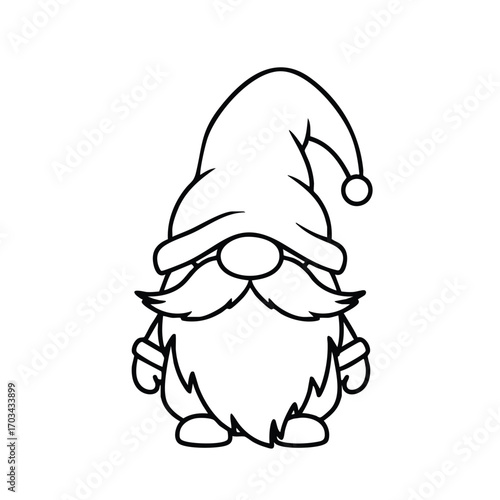Black and white line art illustration of a small gnome character with a tall hat and bushy beard standing upright