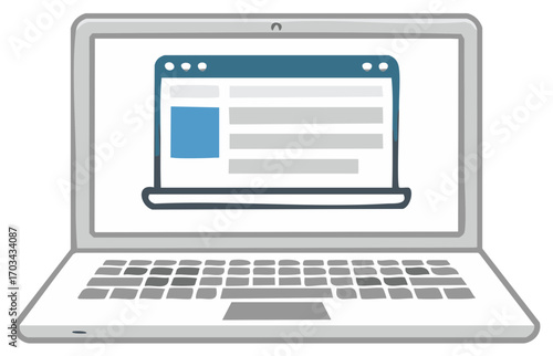 Laptop computer displaying web browser window with generic content flat design illustration