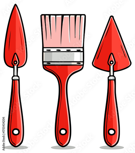 Illustrated collection of red paintbrush and trowels for construction and art projects