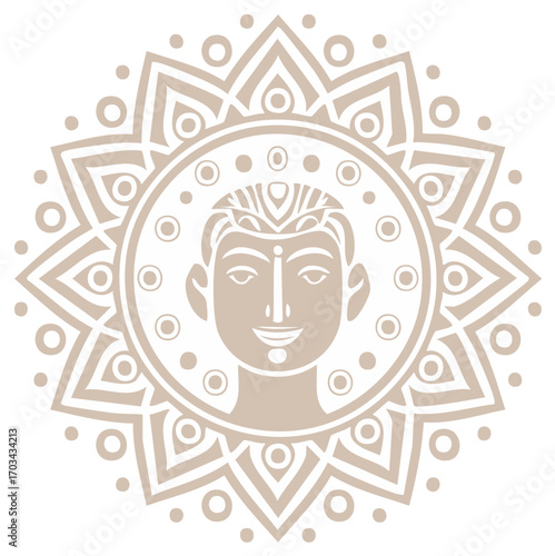 Stylized face with third eye in ornate spiritual mandala symbol