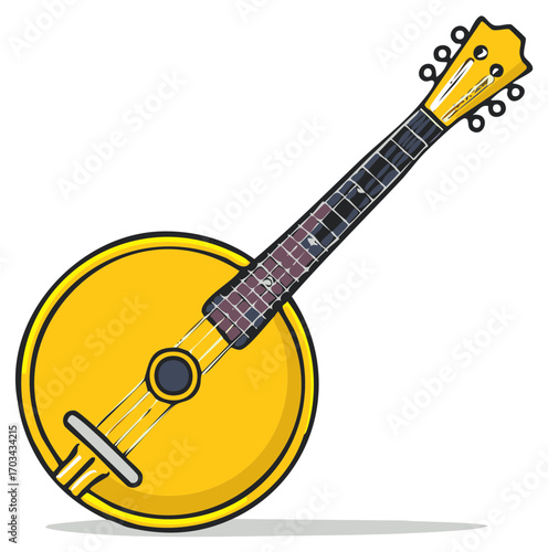 Bright Yellow Banjo Stringed Musical Instrument Isolated on White