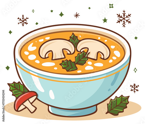 Illustration of mushroom soup in a bowl with decorative holly and snowflakes for winter