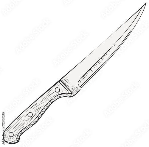 Hand drawn sketch illustration of a boning knife with a wooden handle