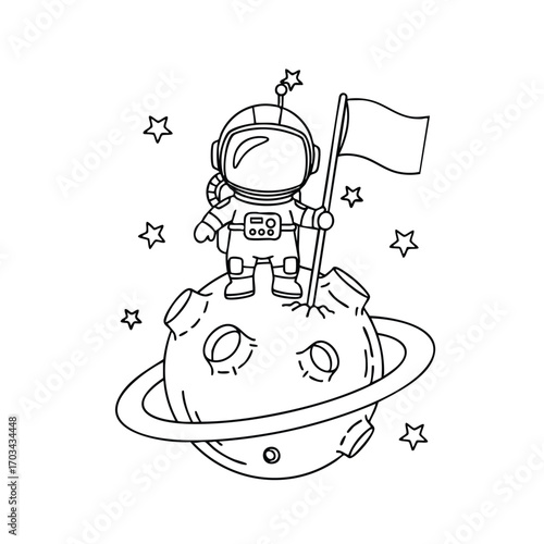 Cute astronaut standing on a small cratered planet with a ring holding a blank flag surrounded by stars in space