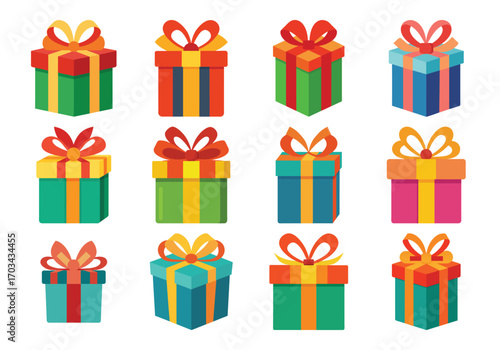 Twelve Colorful Wrapped Gift Boxes with Bows