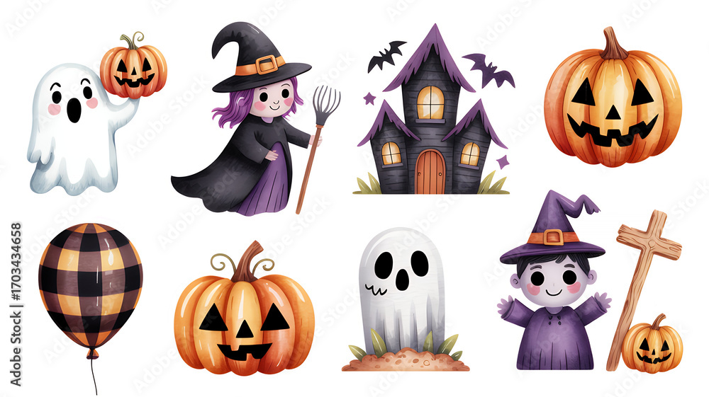 Fototapeta premium かぼちゃとお化け屋敷のかわいいハロウィンイラストセット