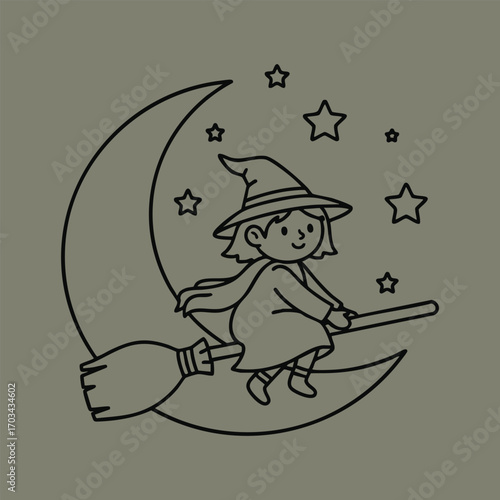 Cute cartoon witch wearing a hat and cape flying on a broomstick across a crescent moon surrounded by stars in a night sky