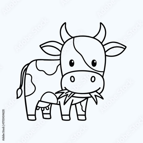 Cute cartoon style black and white line drawing of a cow eating grass with simple shapes and minimal details
