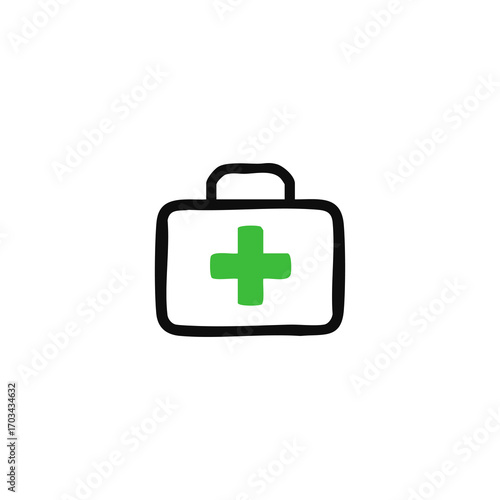 Simple black outline drawing of a medical kit/first-aid case with a green plus sign