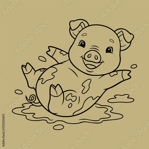 Cute happy piglet joyfully splashing and rolling in muddy puddle with playful expression and lively posture