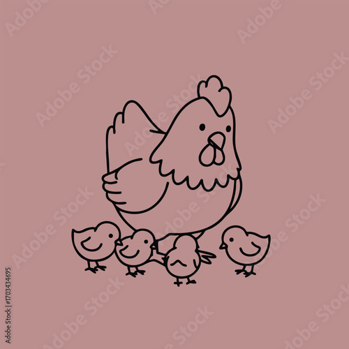 Simple black line drawing of a hen with four chicks on a solid muted pink background in minimal style
