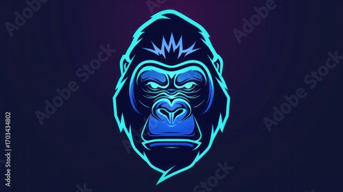 A neon blue and purple gorilla head with a lightning bolt on its head, set against a dark purple background with a gradient effect.