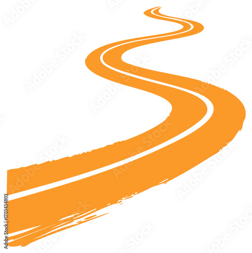 Abstract Orange Road Winding Into Distance With White Lines on Isolated White Background, Path for Driving, Transportation Theme