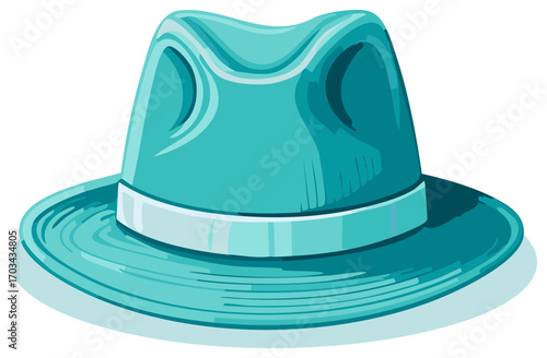 Teal Fedora Hat with Light Shadow, Graphic Illustration of Fashion Accessory in Minimalist Style