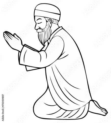 Illustration of a praying Muslim man with beard, vector outline drawing, Islam religion