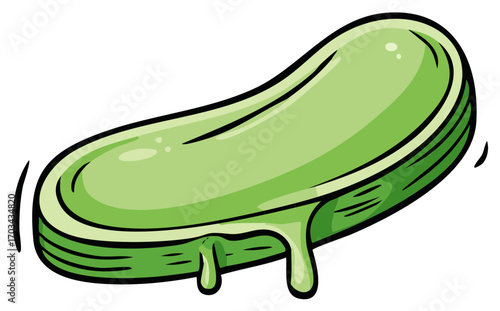 Cartoon illustration of a green object with melting slime