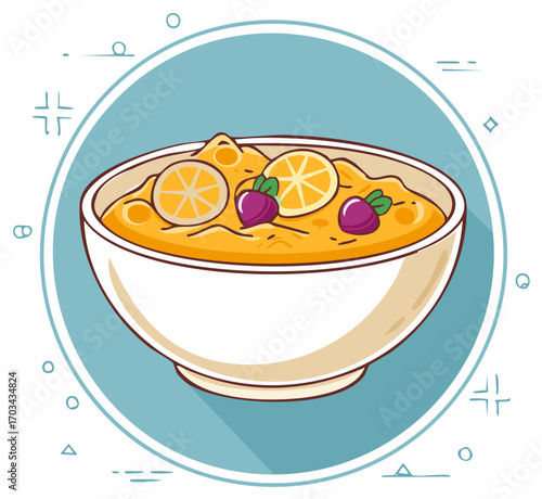 Bowl of porridge vector illustration with lemon slices and beetroots for healthy breakfast
