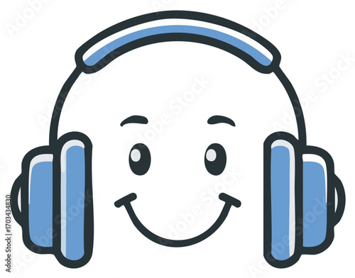Smiling Headphone Character Illustration, Audio Sound, Music Listening, Happy Face, Modern Design