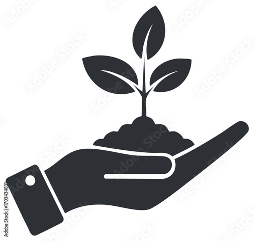 Hand holding seedling sprout in soil, black and white symbol for growth, nurture, and environmental care