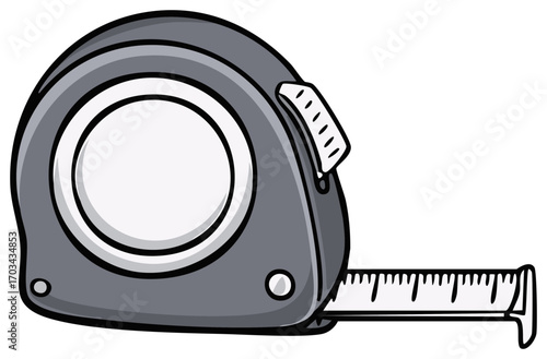 Illustration of a gray measuring tape tool with markings on the tape extended