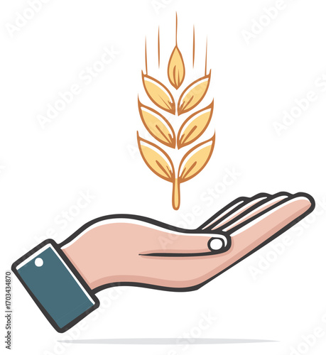 Hand holding a single stalk of wheat, agriculture symbol illustration