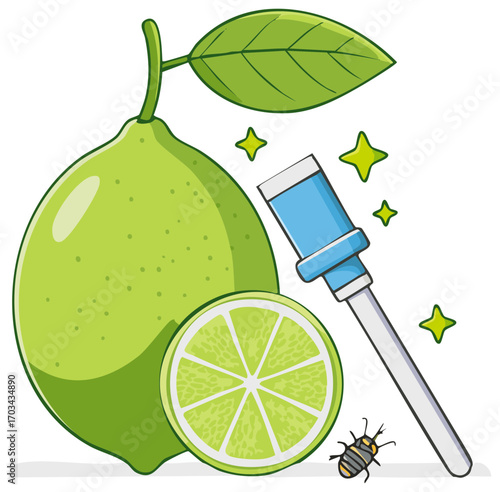Cartoon lime fruit with natural cleaning spray bottle and insect pest control