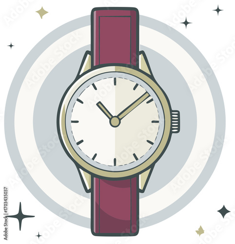 Stylish wristwatch with burgundy leather band on abstract background.