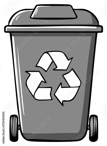 Gray recycling bin with lid and wheels displays a recycling symbol, environment concept
