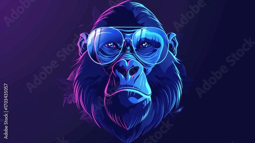 A neon-lit gorilla with blue and purple hues, wearing a black hat and glasses, against a dark background.