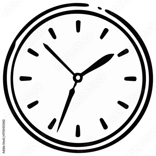 Hand drawn analog clock icon. Simple black and white line art sketch of a round timepiece.
