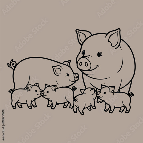 Black line art illustration of a mother pig and her five piglets standing together on a plain background