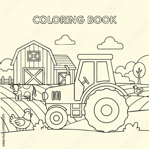 Black and white farm scene with tractor, barn, cow, chicken, and bird in a countryside landscape for coloring book