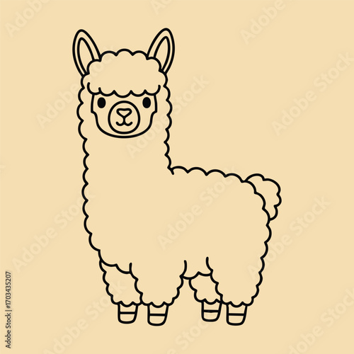 Cute cartoon alpaca with fluffy wool standing on beige background in simple black outline style illustration