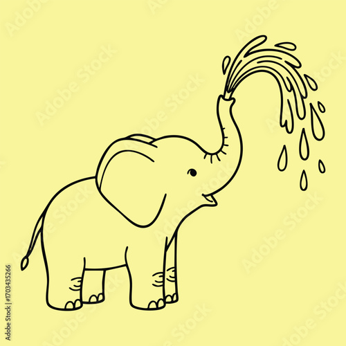 Cute cartoon elephant spraying water from its trunk with joyful expression on a plain yellow background