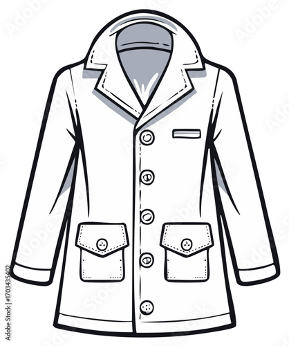 Simple Line Art Illustration of a White Double-Breasted Coat with Pockets