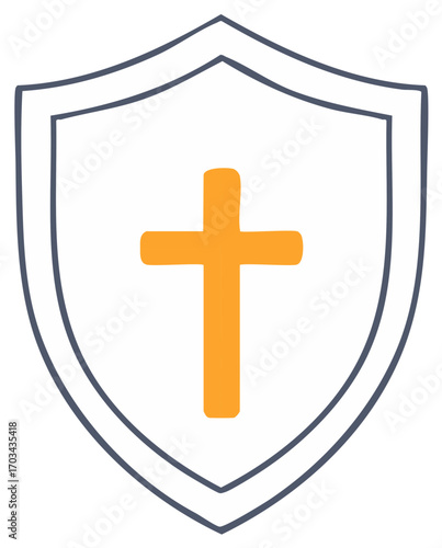 Faith and protection concept icon with an orange cross inside a gray shield