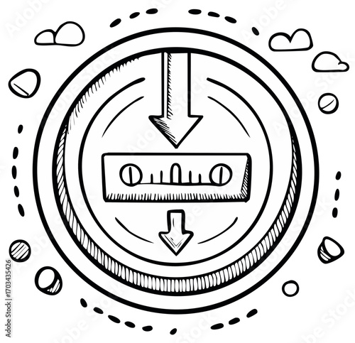 Hand-drawn illustration of audio cassette tape with directional arrows inside a circular frame