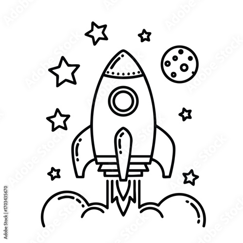 Black and white line art illustration of a rocket launching surrounded by stars and a planet in outer space