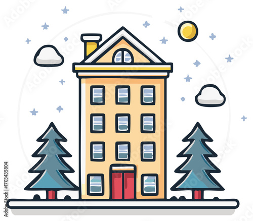 Winter Scene Apartment Building with Pine Trees Clouds and Stars Decoration