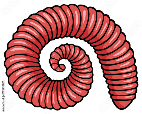 Stylized Red Worm Coiled in a Spiral Shape Against White Background
