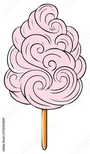 Sweet pink cotton candy swirl on a stick simple cartoon vector illustration
