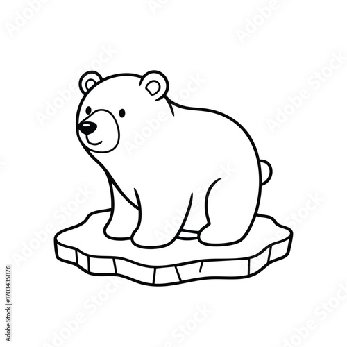 Cute cartoon style bear standing on an ice floe outlined in black and white simple vector illustration