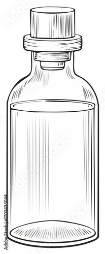 Hand drawn vintage glass bottle with cork stopper and liquid sketch illustration