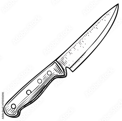 Hand-drawn sketch of a kitchen knife with a pointed blade and riveted handle.