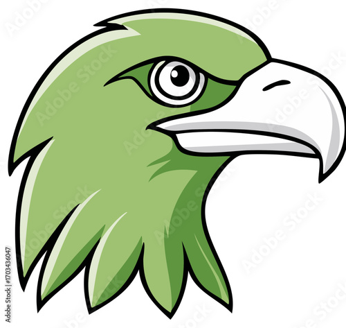 Illustration of a green eagle head in a modern cartoon style with a white beak and a serious expression.