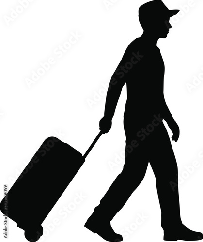 Silhouette man walking with suitcase person traveler