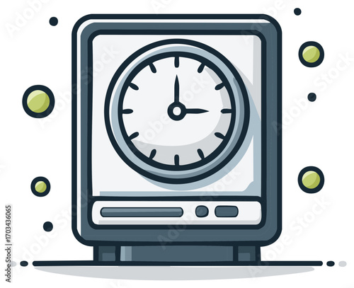 Modern analog clock with a digital display and playful dots and circles illustration