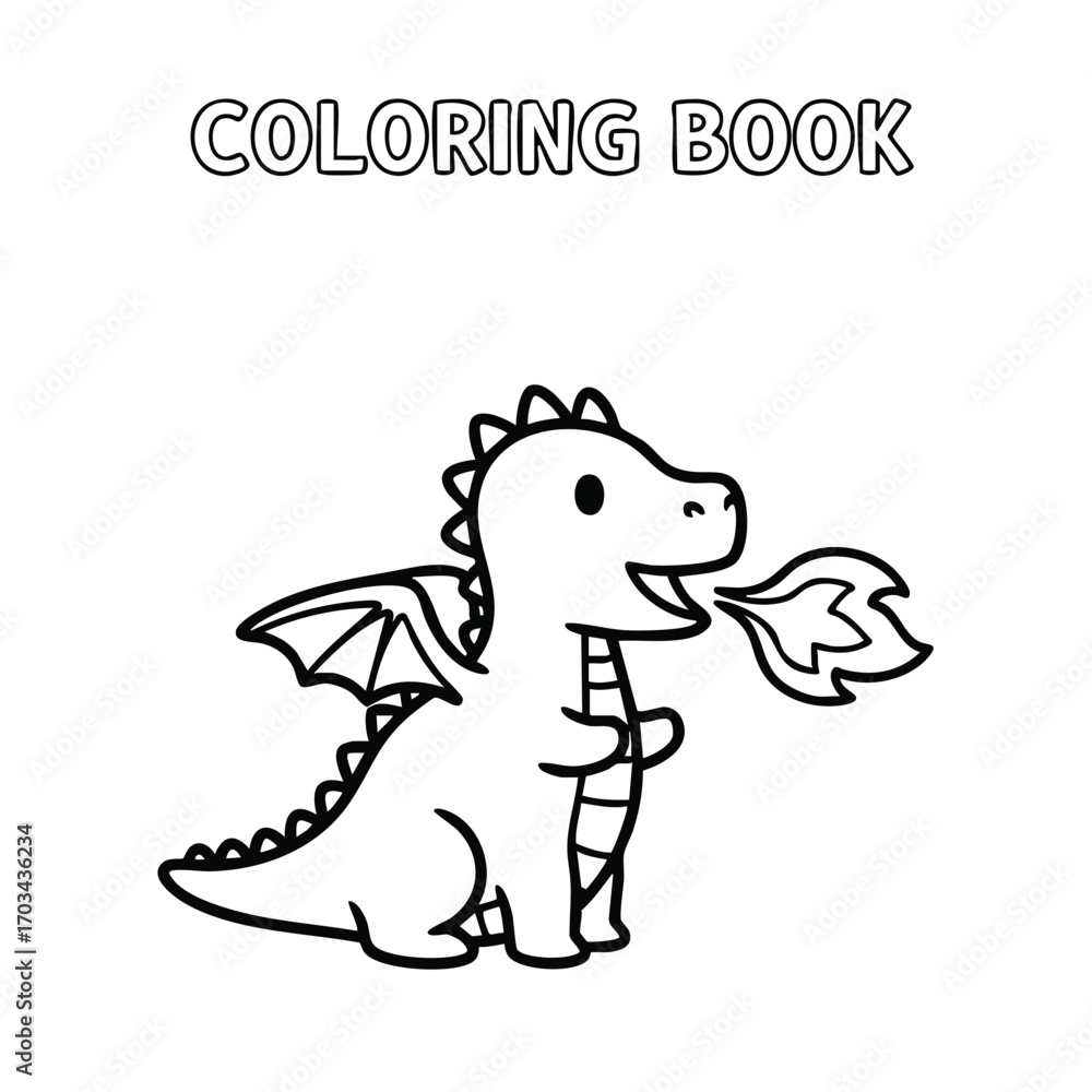 Obraz premium Cute cartoon dragon breathing fire in a simple black and white coloring book style illustration for children