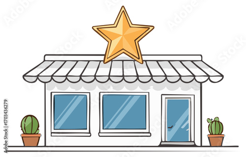 Cartoon building with star sign and cactus. Small business store front illustration.